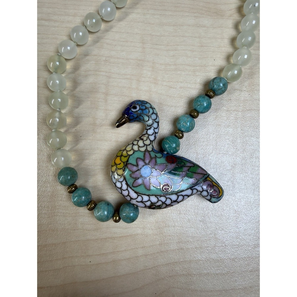VTG Chinese jade? Cloisonne Brass Enamel Goodluck Goose Bird‎ Pendant Necklace - Picture 4 of 16